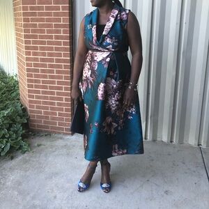 Kay Unger Teal Floral Midi Dress size 12